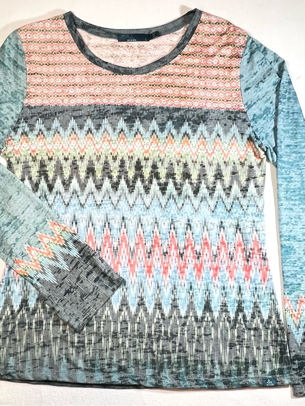 Prana Cotton Blend Multicolor Aztec-Print Long Sleeve Top, Athleisure, Boho